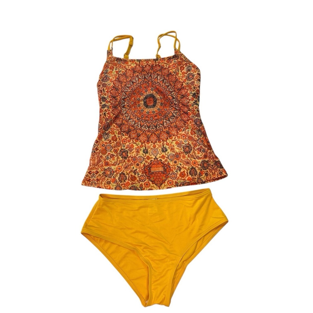 Womens Tankini Swimsuit 2 Piece Small Orange Yellow Boho Floral Mandala Full Set